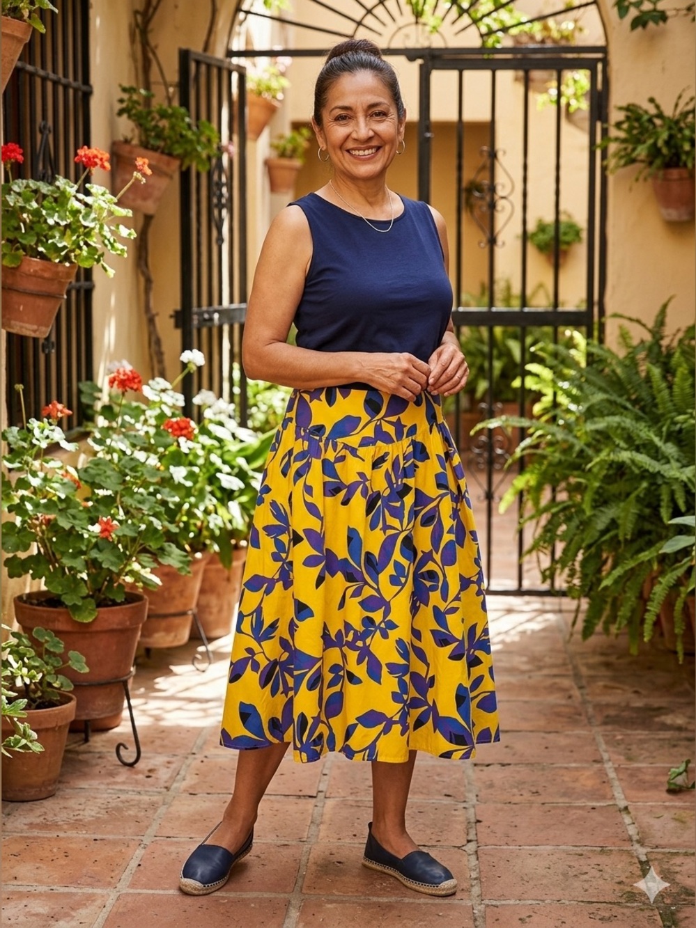 Liz Claiborne Yellow Midi Skirt with Blue Floral Print